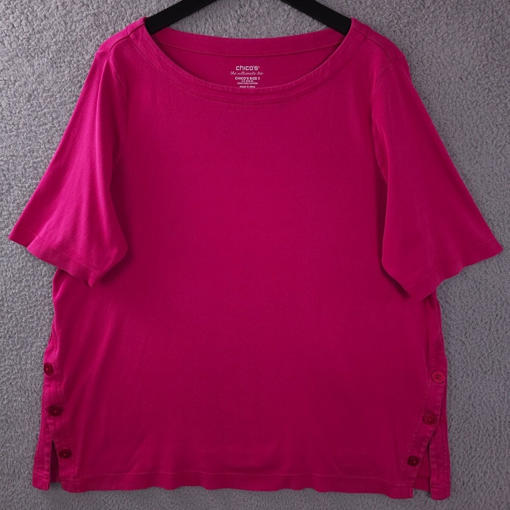 Chicos Shirt Women 3 US XL Pink The Ultimate Tee Boat Neck Side Button Tunic Top